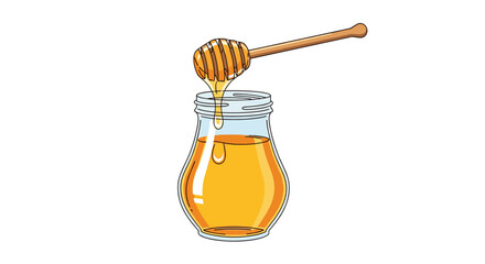 Golden sweet honey pouring from wooden dipper into glass jar for healthy eating