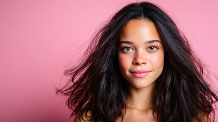 This portrait of a young woman exudes confidence and natural beauty, with her flowing hair and captivating expression against a soft pink backdrop.