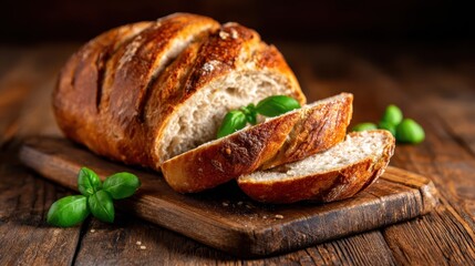 This image captures a freshly sliced loaf of sourdough bread on a wooden board, emphasizing the artisanal quality and rustic appeal of homemade bread.