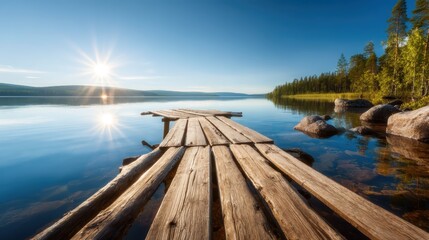 A tranquil image of a wooden pier extending over a calm lake, surrounded by lush trees under a bright blue sky, representing peace and natural beauty.