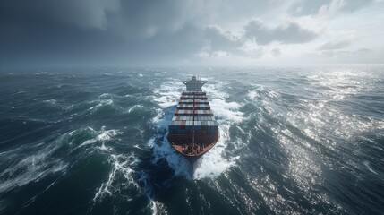 Cargo Ship in Rough Waters Navigating Through a Powerful Storm with Dark Clouds Towering Overhead