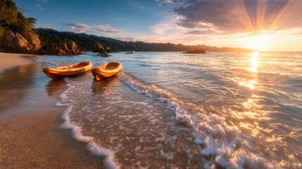 Two vividly colored kayaks rest on the sandy beach, illuminated by the golden sunset, capturing the essence of adventure and beauty in a serene coastal paradise.