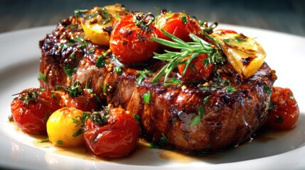 Savor the beauty of fine dining with this gourmet plate featuring a perfectly grilled steak topped with fresh ingredients, highlighting culinary art and delicious presentation.