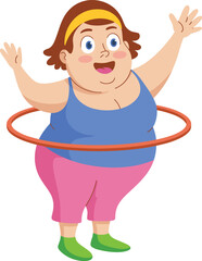 Cartoon plus size woman, hula hoop exercise, fitness activity, healthy lifestyle, joyful movement, body positivity, energetic workout, fun illustration