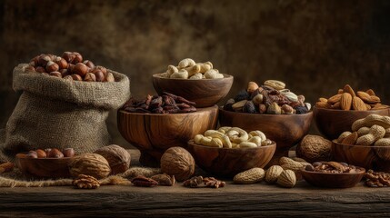 Top View of Mixed Nuts in Wooden Bowls on Rustic Table – Cozy and Natural Food Scene