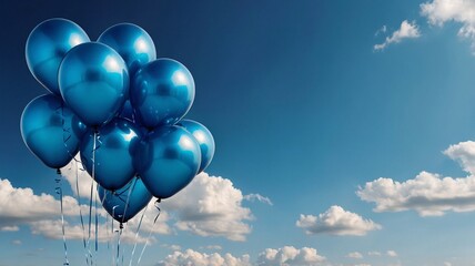A cluster of shiny blue balloons floats against a bright sky, evoking a sense of joy and celebration.