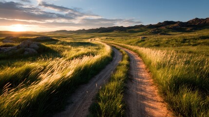A tranquil view of a curved dirt trail winding through rolling grasslands at sunset, capturing the essence of freedom and exploration in a serene rural landscape.