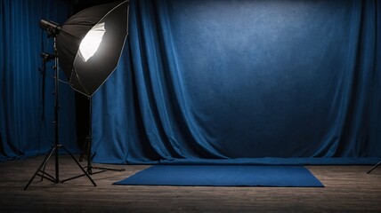 A professional photography studio setup with a blue backdrop and lighting equipment, perfect for shooting portraits.