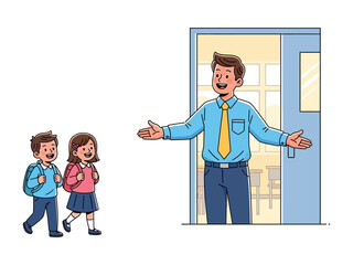 The Teacher's Warm Welcome: A welcoming teacher greets two young students, setting the stage for learning and growth in this vivid illustration.