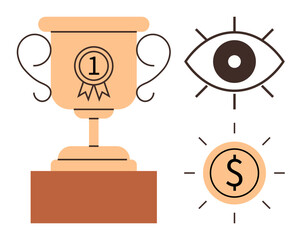 Golden trophy with ribbon, an eye symbolizing clear vision, and dollar sign for financial success. Ideal for leadership, achievement, motivation, goal setting, success vision business ideas. Simple
