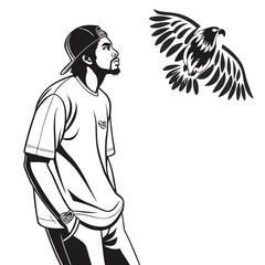 Man looking at eagle bird flying