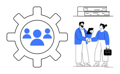 Gear with group people icon symbolizing teamwork. Two professionals shaking hands near books. Ideal for collaboration, management, education, partnership, professional growth, leadership, simple flat