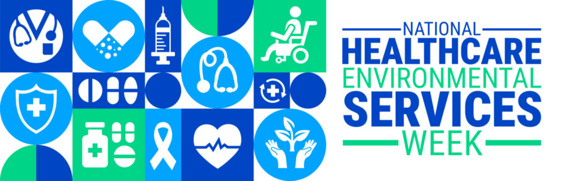 National Healthcare Environmental Services Week background, banner, card or poster design template is observed every year during September, to raise awareness about the mission. Vector illustration.