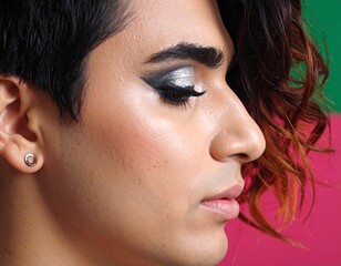 Close-up Profile Portrait of Person with Stylish Makeup and Short Hair.