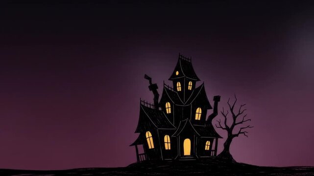 background hellowen, Cartoon Haunted House Silhouette on Purple Background Halloween Animation