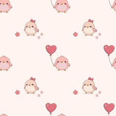 cute seamless pattern for Valentine's Day, drawn birds with a heart-shaped balloon and flowers, pink background