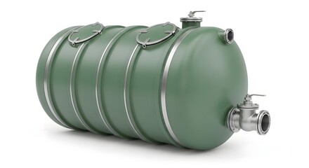 Green Industrial Storage Tank with Valves and Handles in White Background