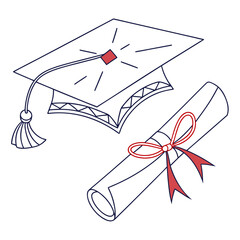 Graduation cap and diploma with red ribbon scroll tassel