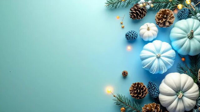 Decorative arrangement of pumpkins and pinecones against blue backdrop for thanksgiving celebration.