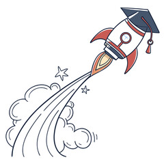 Rocket with graduation cap flying space education