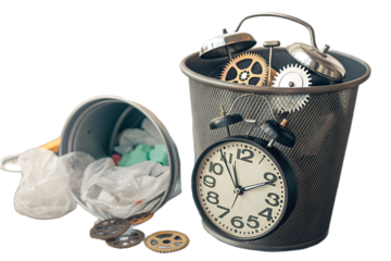 Wasting Time Concept Alarm Clock In Trash Bin on AI generated by PNG