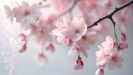 Pink cherry blossoms on a branch with delicate petals and soft background.