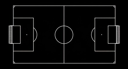 Soccer Field Top View with Goal Areas in Bright White Lines on Black Background