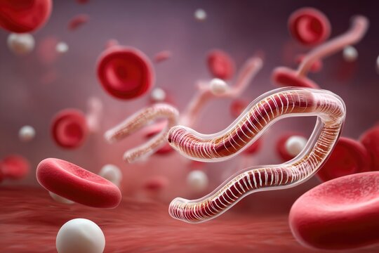 medical illustration of Wuchereria bancrofti filarial worms inside the human bloodstream