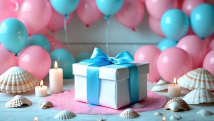 A white gift box with a blue ribbon on a pink and blue balloon backdrop, surrounded by seashells, candles, and a sandy surface.