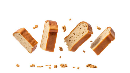 Freshly baked bread slices floating in mid air, showcasing golden crust and soft interior, surrounded by crumbs, creating delightful scene