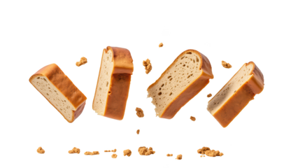 Freshly baked bread slices floating in mid air, showcasing golden crust and soft interior, surrounded by crumbs, creating delightful scene