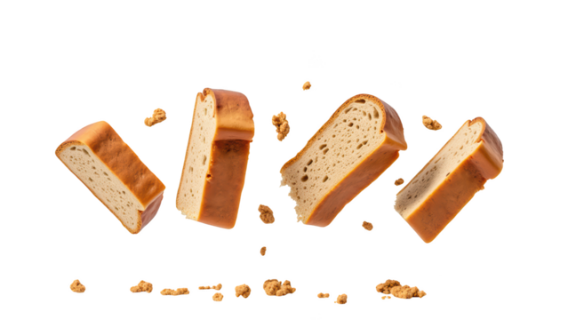Freshly baked bread slices floating in mid air, showcasing golden crust and soft interior, surrounded by crumbs, creating delightful scene