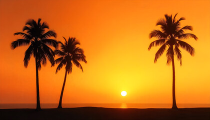 Golden sunset with palm tree silhouettes on a tropical beach, glowing sky over calm ocean.