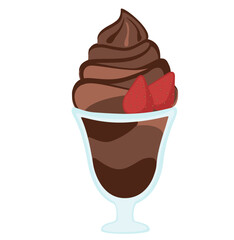 Rich chocolate sundae in a glass cup with strawberries. Perfect for dessert shop menus and cafe illustrations.