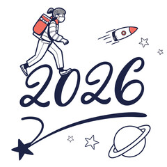 Person wearing mask walking on year numbers with rocket and planet