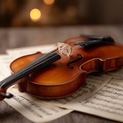 Fototapeta premium Close-Up of Violin on Sheet Music with Space for Text