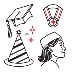 Graduation cap medal party hat and smiling graduate