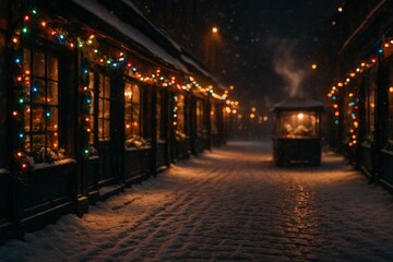Fototapeta premium Cozy winter night in snowy street with festive lights and warm glow