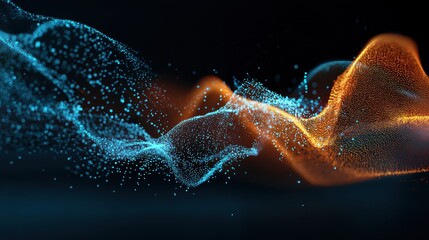 Abstract wave of particle flow in blue and orange color combination technology background visualization modern design element digital art background