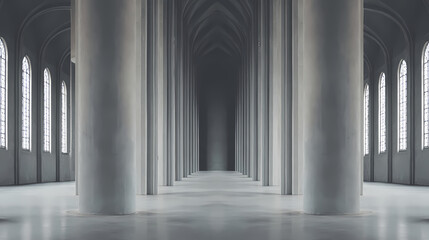 Vast architectural space with smooth concrete columns and diffused natural light, symmetrical and minimalist.