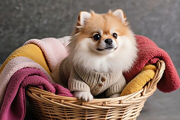 A Pomeranian dog in a basket