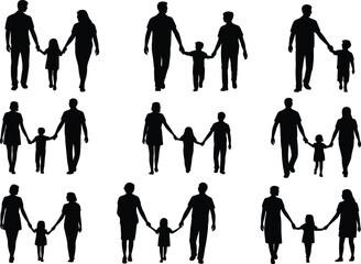 Silhouette of diverse family groups walking together, parents and children holding hands, symbolizing unity, love, bonding, care, and togetherness.