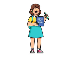First Day of School: A cheerful student, book and pen in hand, stands with her backpack, representing the excitement and readiness for the first day of school. 