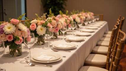 Fototapeta premium Elegant dining table set for event, featuring floral centerpieces, glassware, and neatly arranged plates. warm and inviting atmosphere