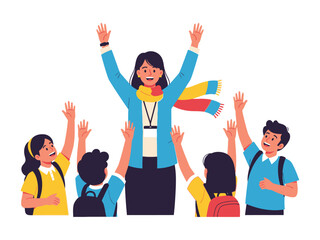 Fototapeta premium Teacher's Inspiring Embrace: An illustration of a teacher standing among excited students, arms raised in an atmosphere of mutual appreciation, hope, and the bright.