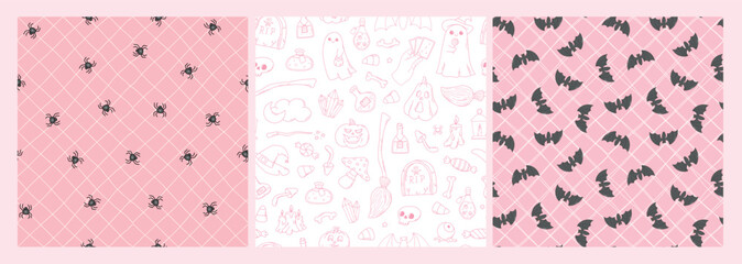 Halloween pink seamless patterns collection decorated with doodles for wallpapers, scrapbooking, stationery, wrapping papers, backgrounds, prints, etc. EPS 10