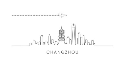 Fototapeta premium Changzhou Skyline with China Plane Over Cityscape.