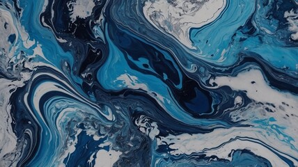 Abstract fluid art showcasing swirling shades of blue and white, creating a tranquil yet dynamic visual.