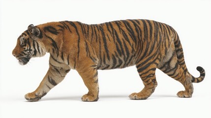 A majestic tiger walks left, its orange and black stripes distinct against a white backdrop