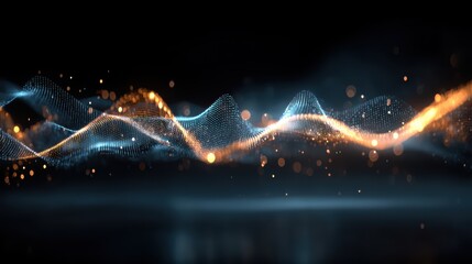 Abstract waveform visualization of data with glowing particles on dark background futuristic technology network connection concept artificial intelligence and digital communication